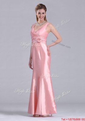 Most Popular V Neck Hand Crafted Flower Peach Mother Dress in Ankle Length