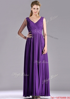 Most Popular V Neck Purple Mother Dress with Beading and Pleats