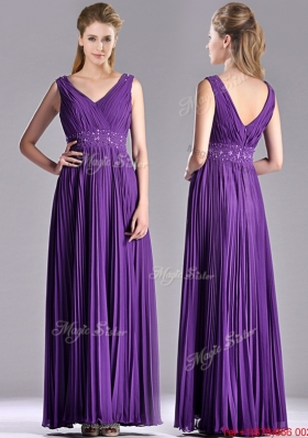 Most Popular V Neck Purple Mother Dress with Beading and Pleats