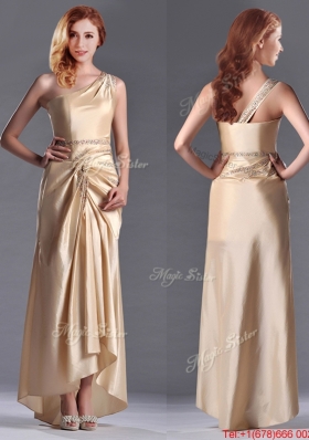 Most Popular Champagne Ankle-length Beaded Side Zipper Mother Dress with One Shoulde