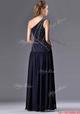 Most Popular Column One Shoulder Beaded Mother Dress in Navy Blue