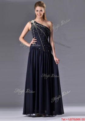 Most Popular Column One Shoulder Beaded Mother Dress in Navy Blue