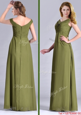Most Popular Empire V Neck Chiffon Olive Green Mother Dress with Ruching