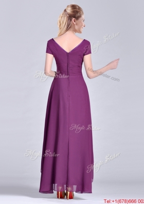 Most Popular High-low Chiffon Dark Purple Short Sleeves Mother Dress with V Neck