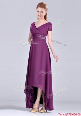 Most Popular High-low Chiffon Dark Purple Short Sleeves Mother Dress with V Neck