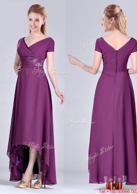 Most Popular High-low Chiffon Dark Purple Short Sleeves Mother Dress with V Neck
