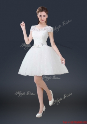 2016 Luxurious Mini Length Short Sleeves Beading Prom Dresses