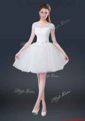 2016 Luxurious Mini Length Short Sleeves Beading Prom Dresses