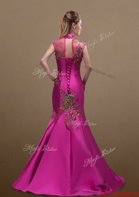 2016 New Style Mermaid Brush Train Prom Dresses with Appliques and Beading