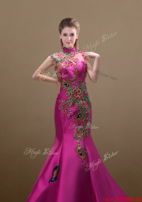 2016 New Style Mermaid Brush Train Prom Dresses with Appliques and Beading