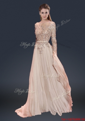 Cheap Brush Train Champagne Prom Dresses with Beading