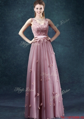 Classical V Neck Prom Dresses with Appliques and Belt