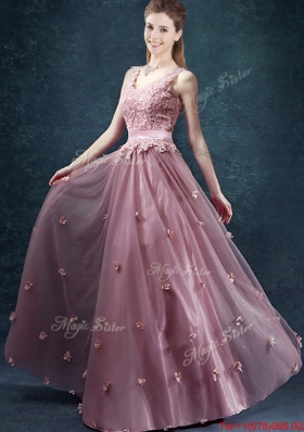 Classical V Neck Prom Dresses with Appliques and Belt