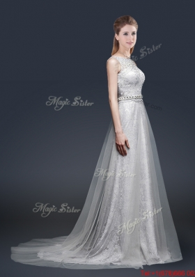 Elegant Empire Bateau Prom Dresses with Brush Train