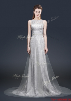 Elegant Empire Bateau Prom Dresses with Brush Train