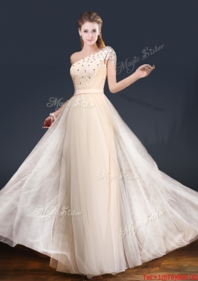 Elegant One Shoulder Prom Dresses with Appliques and Beading