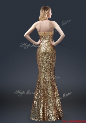 Fall Column Sequins Prom Dresses with Bowknot in Gold