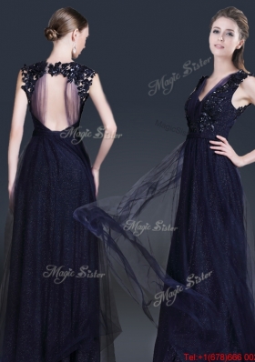 Fashionable V Neck Paillette Prom Dresses in Navy Blue