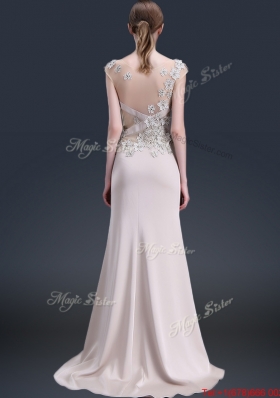 Luxurious Brush Train Cap Sleeves Prom Dresses with Appliques