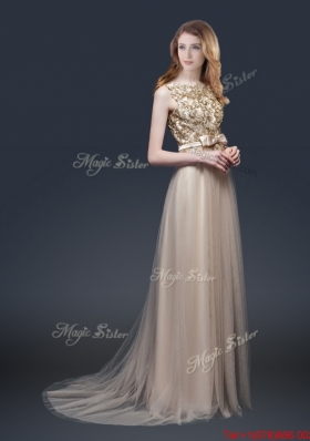 Luxurious Brush Train Prom Dresses with Appliques and Bowknot