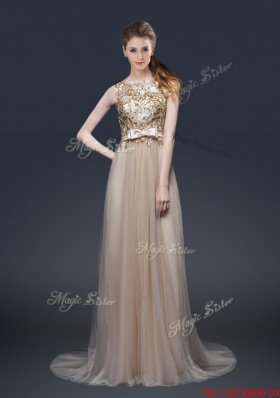 Luxurious Brush Train Prom Dresses with Appliques and Bowknot