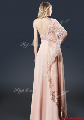 Luxurious One Shoulder Appliques Prom Dresses in Peach