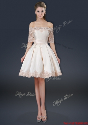 New Arrivals Off the Shoulder Appliques Champagne Short Prom Dresses