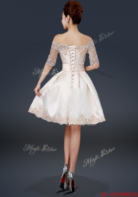 New Arrivals Off the Shoulder Appliques Champagne Short Prom Dresses