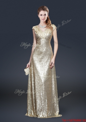 Perfect V Neck Sequins Prom Dresses in Champagne