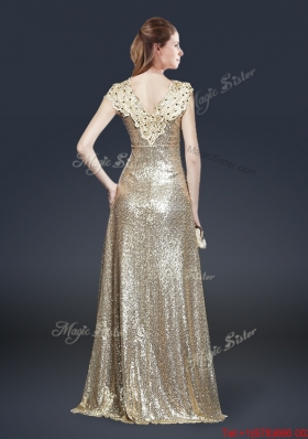 Perfect V Neck Sequins Prom Dresses in Champagne