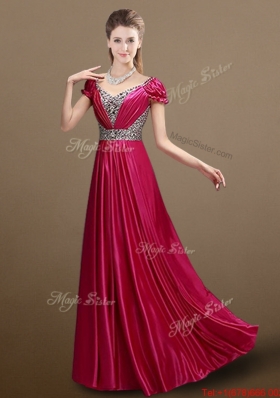 Pretty Empire V Neck Beading Prom Dresses with Short Sleeves