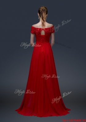 Simple Off the Shoulder Short Sleeves Red Prom Dresses with Appliques