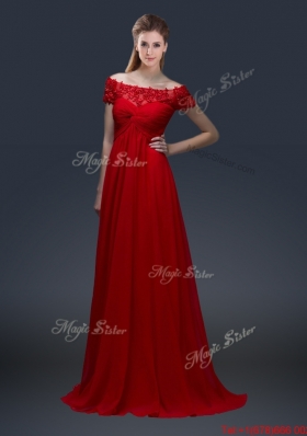 Simple Off the Shoulder Short Sleeves Red Prom Dresses with Appliques