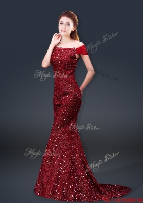 Winter Mermaid Off the Shoulder Sequins Prom Dresses in Wine Red