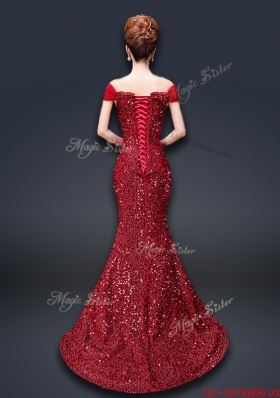 Winter Mermaid Off the Shoulder Sequins Prom Dresses in Wine Red