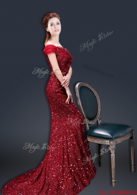 Winter Mermaid Off the Shoulder Sequins Prom Dresses in Wine Red