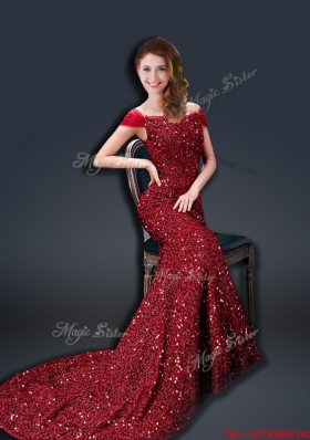 Winter Mermaid Off the Shoulder Sequins Prom Dresses in Wine Red