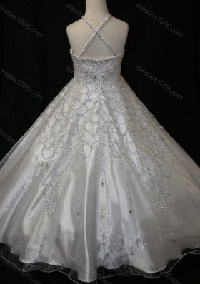 Elegant A Line Beaded Decorated Halter Top and Bodice Cheap Flower Girl Dress