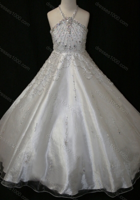 Elegant A Line Beaded Decorated Halter Top and Bodice Cheap Flower Girl Dress