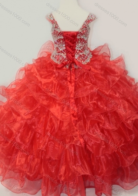 Ball Gown Straps Organza Beaded Bodice Lace Up Mini Quinceanera Dress in Red