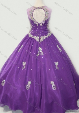 Cheap Ball Gown V Neck Organza Beaded and Applique Pretty Girls Party Dress in Purple