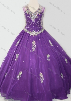 Cheap Ball Gown V Neck Organza Beaded and Applique Pretty Girls Party Dress in Purple