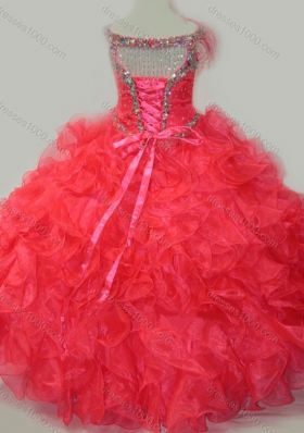 CoraL Red Ball Gown V Neck Organza Beading Pretty Girls Party Dress with Lace Up