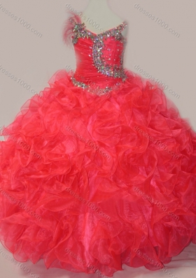 CoraL Red Ball Gown V Neck Organza Beading Pretty Girls Party Dress with Lace Up