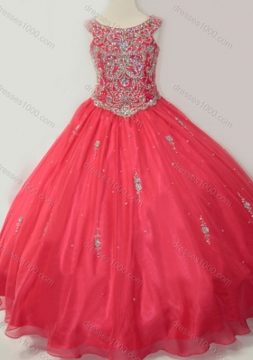 Hot Sale Puffy Scoop Pretty Girls Party Dress with Beading in Coral Red