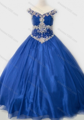 Popular Beaded Bodice Royal Blue Pretty Girls Party Dress in Organza