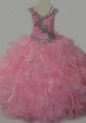 Popular V-neck Ruffled Mini Quinceanera Dress with Spaghetti Straps and Sequins