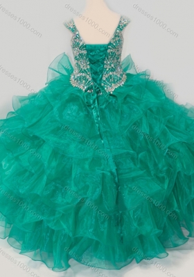 Top Selling Princess Straps Organza Turquoise Lace Up Pretty Girls Party Dress with Beading