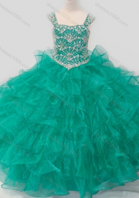 Top Selling Princess Straps Organza Turquoise Lace Up Pretty Girls Party Dress with Beading