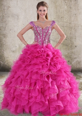 Classical Ruffled and Beaded Bodice Detachable Quinceanera Dress in Hot Pink